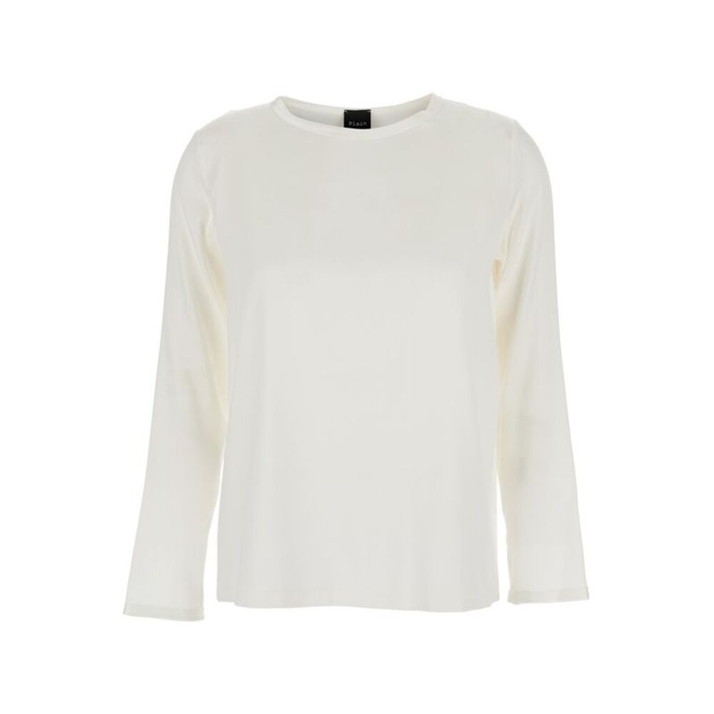 Plain Women White Silk Blouse With Round Neck And Long Sleeves Woman